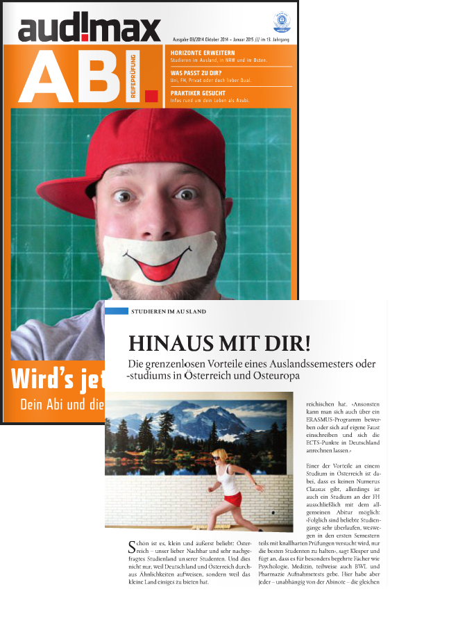 Wir sind bekannt aus Audimax Abi Ausgabe 3/2014 (Oktober 2014-Januar 2015) “Hinaus mit dir – die grenzenlosen Vorteile eines Auslandssemesters oder -studiums in Österreich und Osteuropa” Audimax Auslandsstudium Medizin